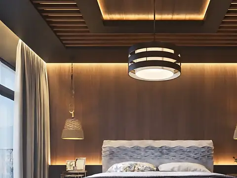 Mẫu trần ốp vân gỗ phòng ngủ đèn thả – Verywood